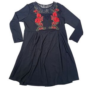 RoseGal dress 5X black stretch knee length long sleeve rose embroidered plus SZ